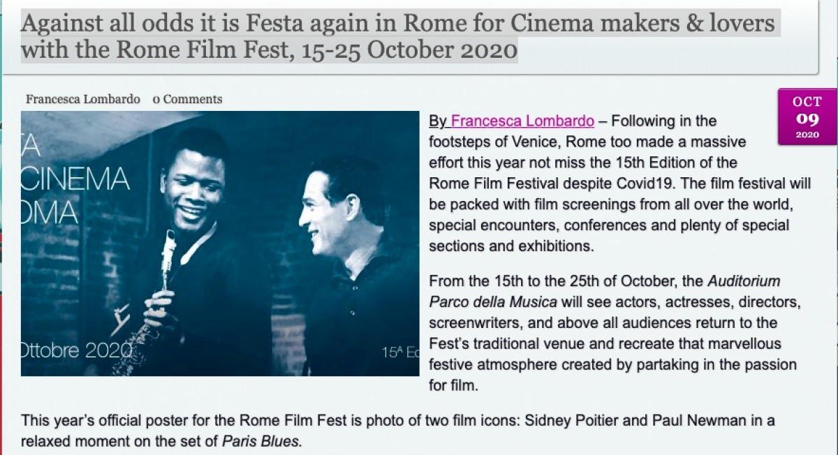 Against all odds it is Festa again in Rome for Cinema makers &amp; lovers with the Rome Film Fest, 15-25 October 2020 by Francesca Lombardo
